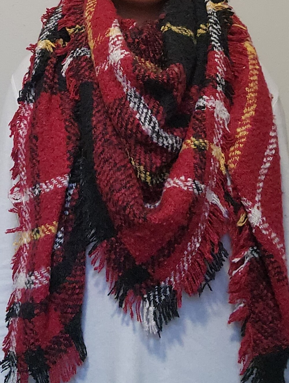 Source Unknown Red Plaid Fringe Blanket Scarf with Black and Yellow Accents